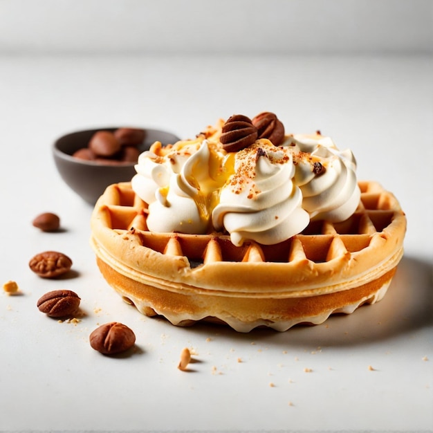 Delizioso waffle belga con bacche e sciroppo su sfondo bianco