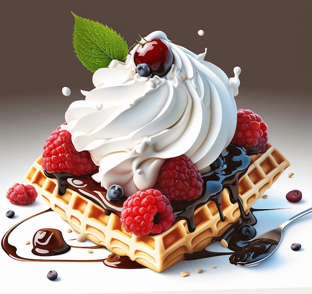 Delizioso Waffle con panna montata e frutti di bosco