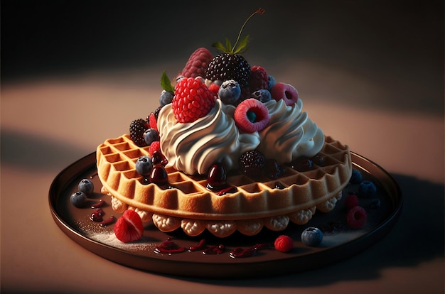 Delizioso Waffle con panna montata e frutti di bosco