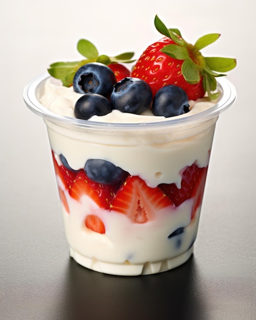 Delizioso yogurt con fragole fresche e frutti di bosco in un bicchiere di plastica generato dall'intelligenza artificiale