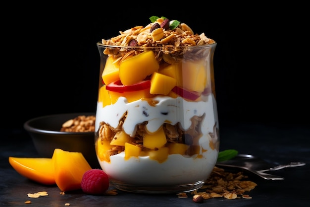 Delizioso yogurt Granola Parfait con noci affettate e mango fresco AI generativa