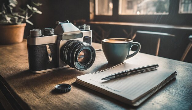 della scrivania di un fotografo che beve caffè e scrive