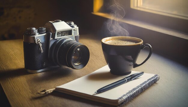 della scrivania di un fotografo che beve caffè e scrive