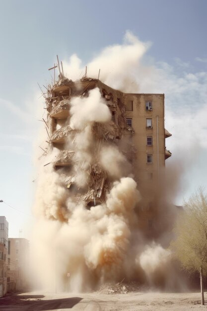 Demolizione di un vecchio edificio con nuvola di polvere creata con l'IA generativa