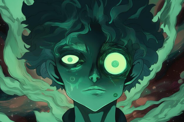 Demone maschio occhio verde in uno stile di arte del mistero
