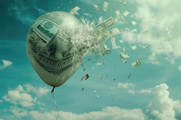 Denari che galleggiano nell'aria Ricchezza e prosperità in un'immagine accattivante Un palloncino pieno di denaro sul punto di scoppiare simboleggia la crisi economica Generata dall'IA