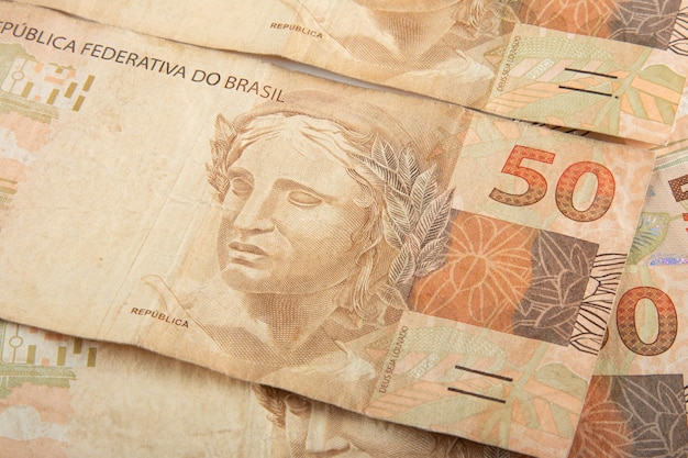 Denaro brasiliano 50 reais banconote Concetto di finanza brasiliana