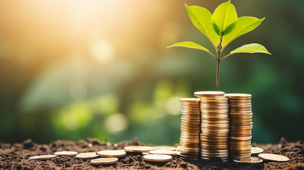 denaro e concetto di business le monete si impilano con piante in natura risparmiando denaro e crescendo in natura