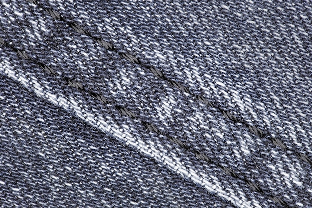 Denim close-up e cucitura con fili neri sfondo carta da parati consistente