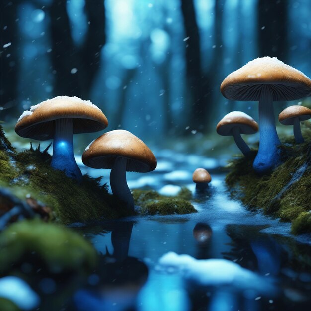 Densa foresta di funghi giganti blu magici2 calmo ruscello d'acqua neve sul terreno stagione invernale