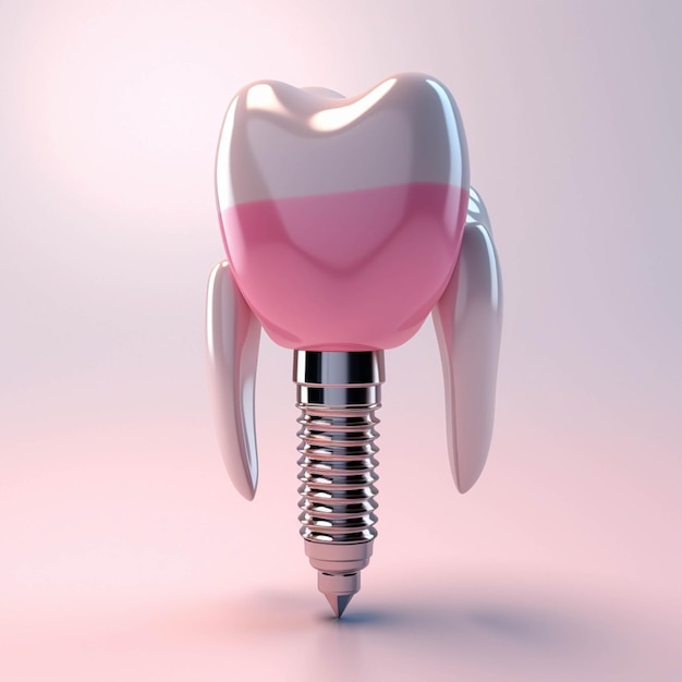 Dente con impianto dentale 3d rendering illustrazione su sfondo rosa