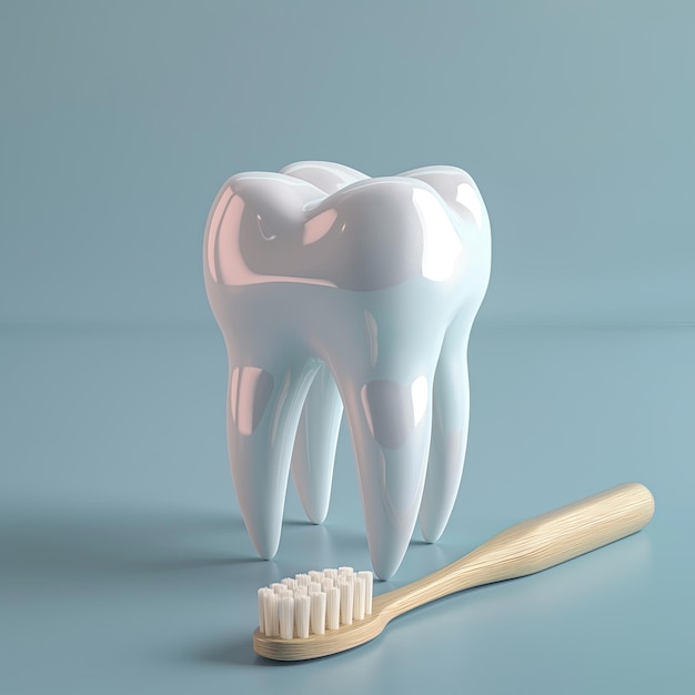 Dente con spazzolino da denti su sfondo blu illustrazione 3D