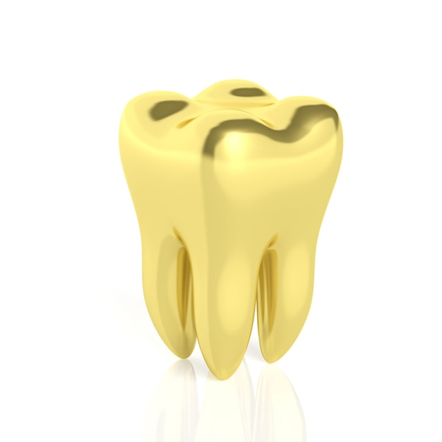 Dente d'oro molare isolato su sfondo bianco