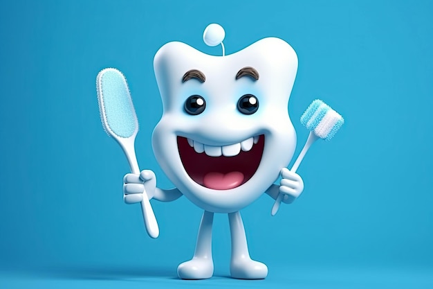 Dente di personaggio felice e sano con spazzolino da denti su sfondo blu Illustrazione generativa di AI