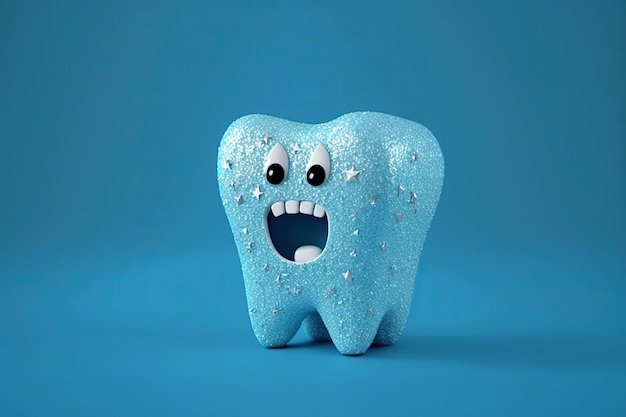 Dente spaventato su sfondo blu Personaggio dei cartoni animati Protezione e cura dei denti IA generativa