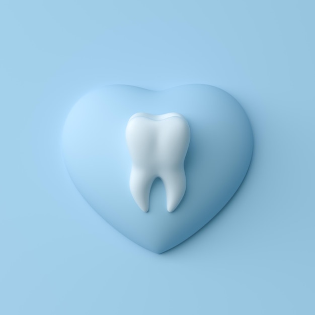 Denti con cuore su sfondo blu pastello