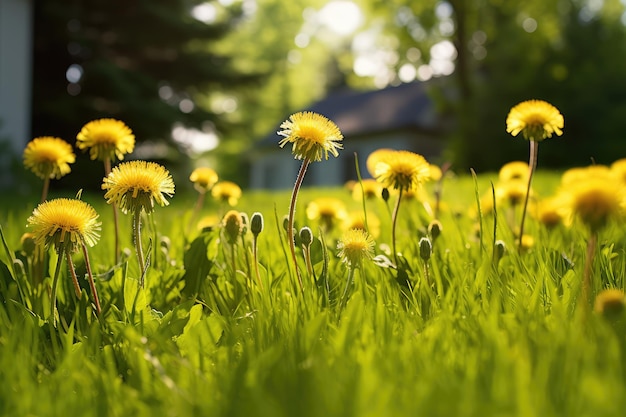 Denti di leone gialli che fioriscono nell'erba verde