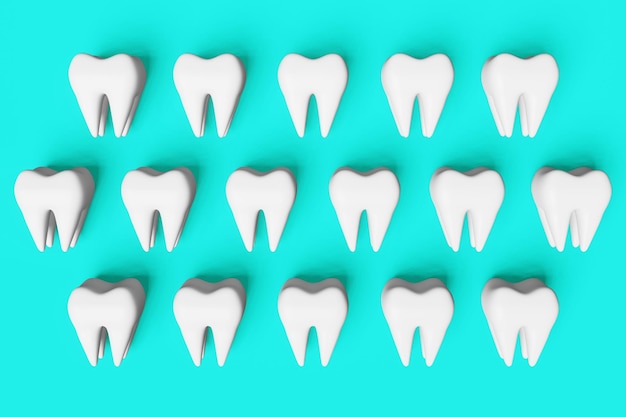 Denti sani bianchi movimento motivo di rendering 3D su sfondo blu Giornata nazionale del dentista Anatomia digitale del dente molare
