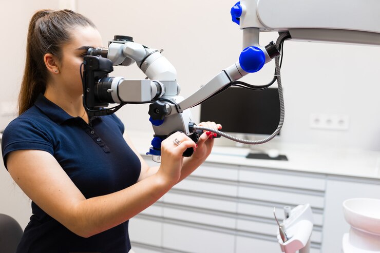 Dentist looks through the microscope.