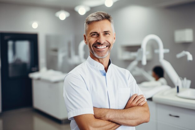 Dentista caucasico di mezza età che sorride in piedi in una clinica dentale