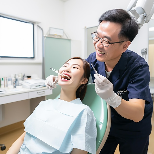 Dentista che effettua la pulizia professionale dei denti con la giovane paziente di cotone