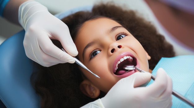 Dentista che esamina i denti di una ragazzina in clinica
