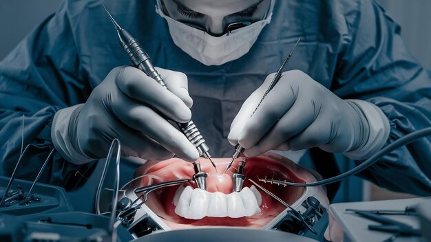 Dentista che utilizza una macchina per impianti dentali durante la procedura di implantologia