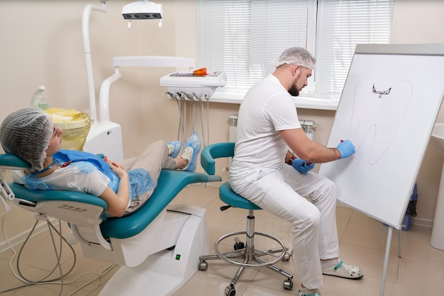 Dentista disegno immagine del dente sulla lavagna bianca in studio dentistico