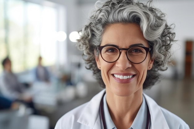 Dentista medico femminile in occhiali con sorriso bianco in ritratto di primo piano del volto della clinica odontoiatrica IA generativa