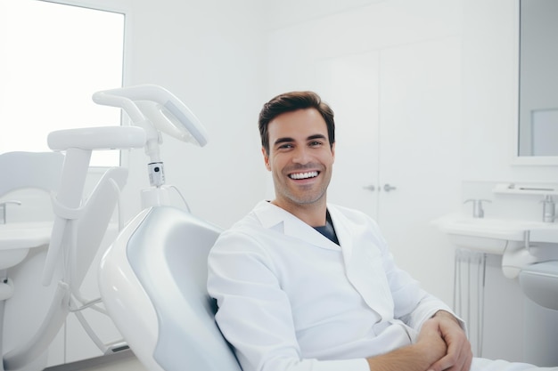 Dentista uomo caucasico che sorride mentre si trova nella clinica odontoiatrica AI Generative