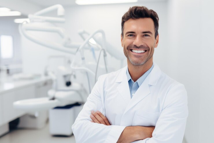 Dentista uomo caucasico che sorride mentre si trova nella clinica odontoiatrica AI Generative