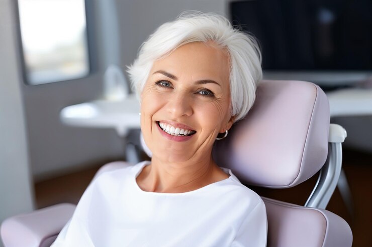 Dentistry Portrait of an elderly lady with beautiful straight teeth sitting in a dentist's chair