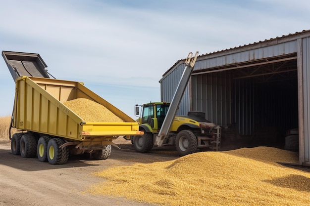 Deposito con macchina per la raccolta del mais e camion