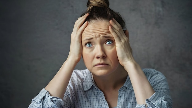 Deprimente donna triste con i capelli a nodo blu occhi esausti che le toccano la testa avendo scontento