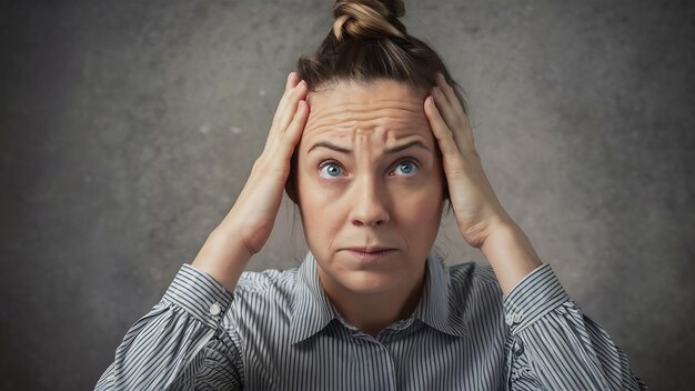 Deprimente donna triste con i capelli a nodo blu occhi esausti che le toccano la testa avendo scontento