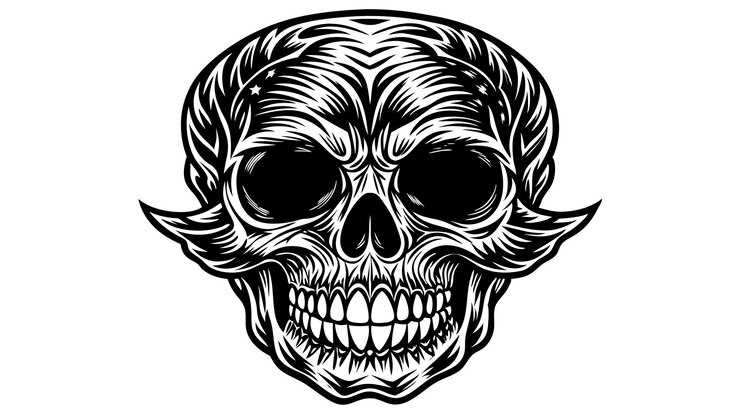 Photo desain monokromatik edgy tengkorak geometris dan dedaunan untuk pakaian dan grafik kaos tebal