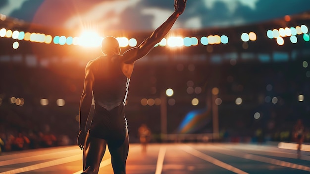 Descrizione dell'immagine Un atleta di atletica leggera celebra la sua vittoria in una gara