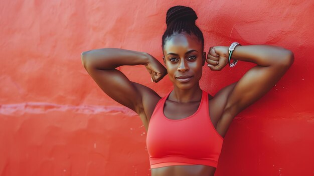 Descrizione dell'immagine Una giovane donna con un reggiseno sportivo rosso si erge contro un muro rosso con un'espressione di fiducia sul suo viso