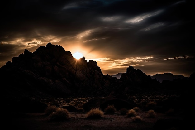 Desert Fantasy Un paesaggio ultraterreno di rocce montuose scure e cielo che si staglia con etereo