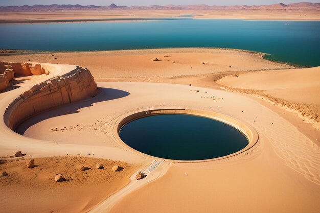 Desert oasis lago fonte d'acqua sorpresa acqua dolce nella sabbia carta da parati illustrazione di sfondo