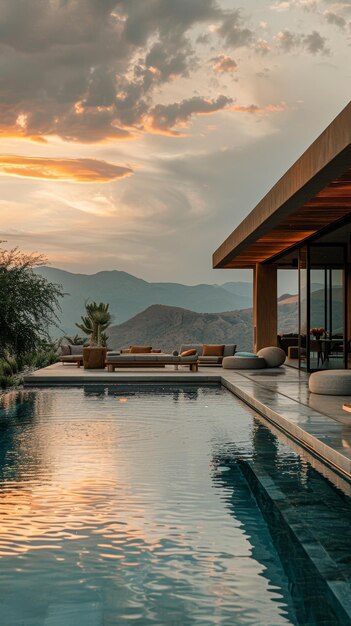 Desert Wave Living Room all'aperto con vista su una piscina Un'età d'oro formalista Estetica Perspettiva Generativa AI