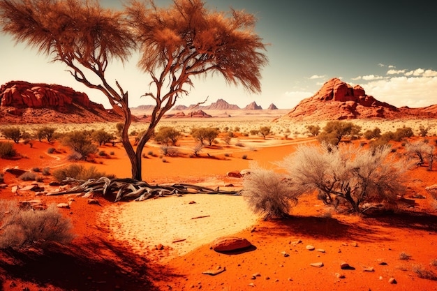 Deserto arido con formazioni rocciose rosse e alberi in lontananza creati con intelligenza artificiale generativa