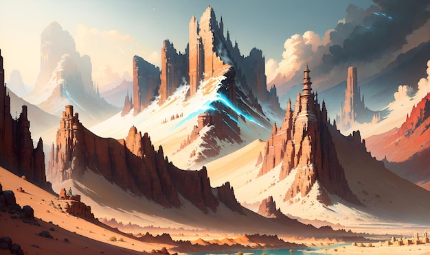 Deserto arido Paesaggio di Marte sconosciuto Pianeta alieno scifi pianeta rosso superficie crateri montagne Cieli nuvolosi città aliena ad alta tecnologia Mondo fantastico AI generativa