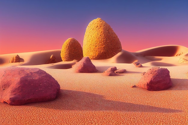 Deserto con dune di sabbia dorata e rocce sotto l'illustrazione 3d del cielo blu