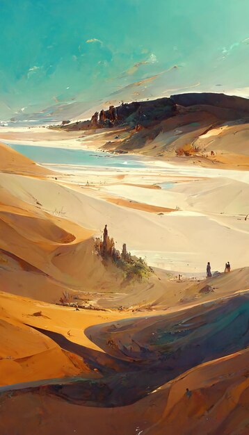 Deserto delle dune di sabbia Erba e dune lungo la spiaggia sabbiosa Illustrazione 3D