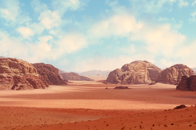 Deserto di Wadi Rum Giordania La Valle della Luna Arancione sabbia e rocce nuvole bianche sul cielo blu