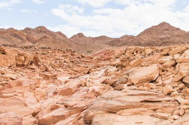 Deserto, montagne, rocce e cielo nuvoloso