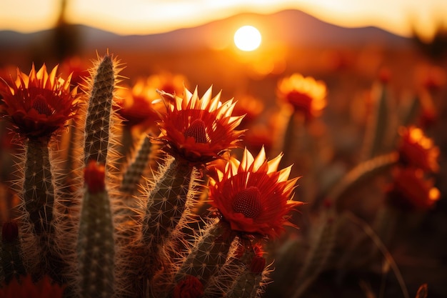 Deserto ondulato sotto il sole cocente Cactus curvi Cielo incandescente IA generativa