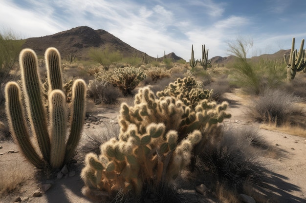 Deserto pieno di cactus generativi IA unici e imponenti