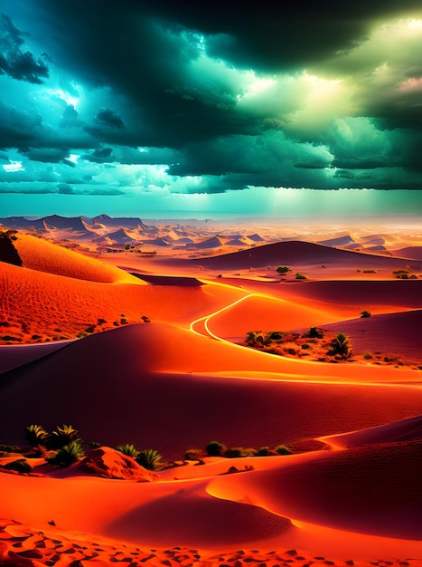 Deserto tropicale con sorprendente realismo, vibranti colori al neon tempestosi e cine generativi generati dall'intelligenza artificiale